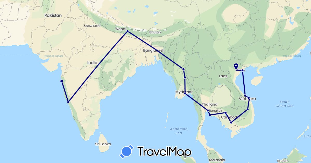 TravelMap itinerary: driving in India, Cambodia, Myanmar (Burma), Nepal, Thailand, Vietnam (Asia)